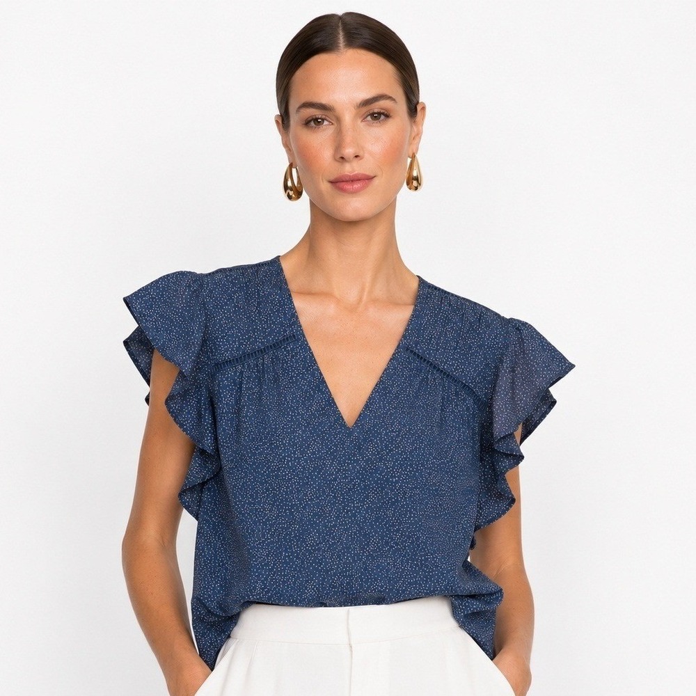 Les Serein Jenna Flutter Sleeve Blouse Blue‎ Polka Dot V-Neck Top Medium NWT